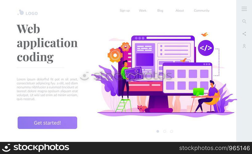 Developers create internet app. Software engineering, computer technology. Website development, web application coding, design for web browsers concept. Website homepage header landing web page template.. Web development landing page template
