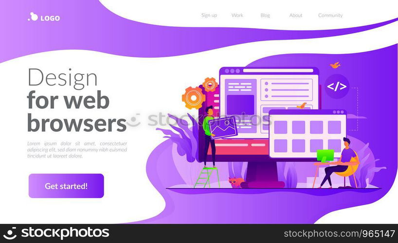 Developers create internet app. Software engineering, computer technology. Website development, web application coding, design for web browsers concept. Website homepage header landing web page template.. Web development landing page template