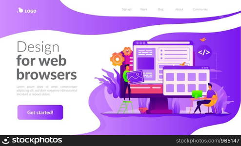 Developers create internet app. Software engineering, computer technology. Website development, web application coding, design for web browsers concept. Website homepage header landing web page template.. Web development landing page template
