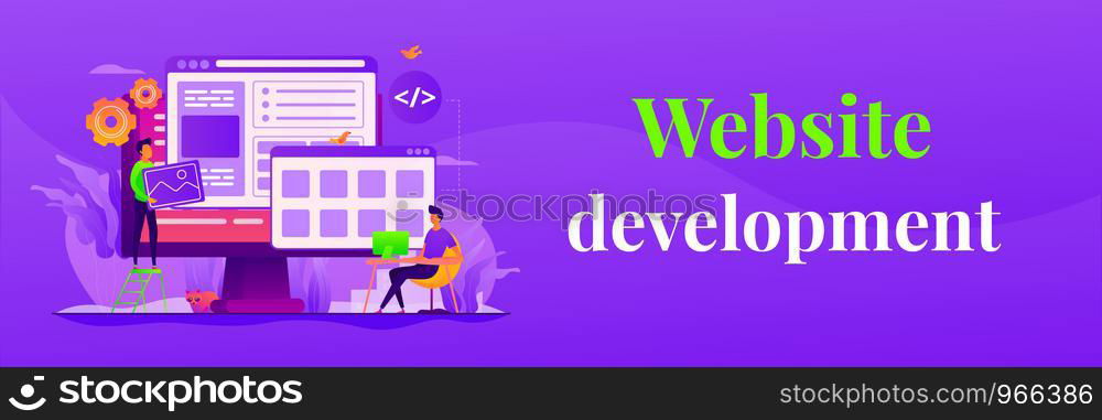 Developers create internet app. Software engineering, computer technology. Website development, web application coding, design for web browsers concept. Header or footer banner template with copy space.. Web development web banner concept