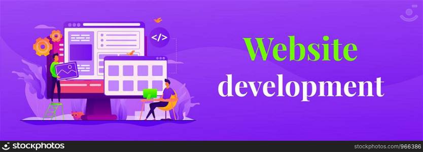 Developers create internet app. Software engineering, computer technology. Website development, web application coding, design for web browsers concept. Header or footer banner template with copy space.. Web development web banner concept