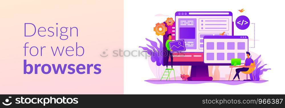 Developers create internet app. Software engineering, computer technology. Website development, web application coding, design for web browsers concept. Header or footer banner template with copy space.. Web development web banner concept
