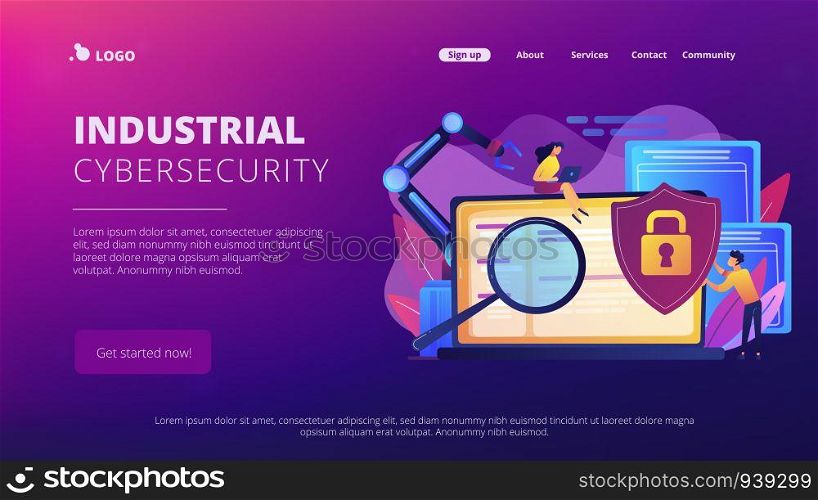 Developers, robot work at laptop with magnifier. Industrial cybersecurity, industrial robotics malware, safeguarding of industrial robotics concept. Website vibrant violet landing web page template.. Industrial cybersecurity concept landing page.