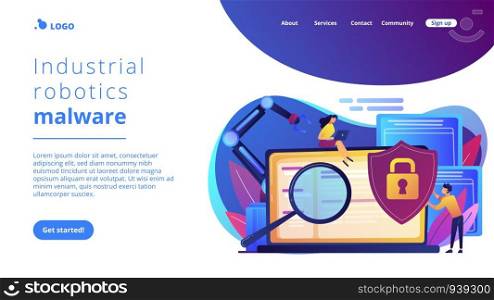 Developers, robot work at laptop with magnifier. Industrial cybersecurity, industrial robotics malware, safeguarding of industrial robotics concept. Website vibrant violet landing web page template.. Industrial cybersecurity concept landing page.