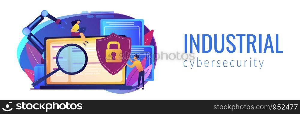 Developers, robot work at laptop with magnifier. Industrial cybersecurity, industrial robotics malware, safeguarding of industrial robotics concept. Header or footer banner template with copy space.. Industrial cybersecurity concept banner header.