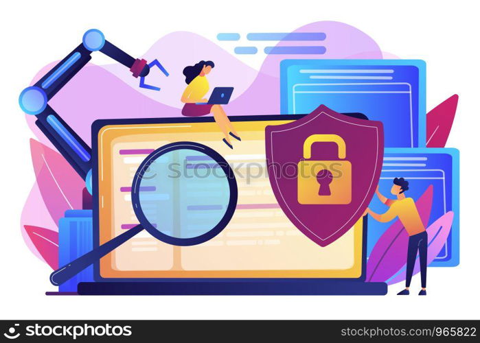 Developers, robot work at laptop with magnifier. Industrial cybersecurity, industrial robotics malware, safeguarding of industrial robotics concept. Bright vibrant violet vector isolated illustration. Industrial cybersecurity concept vector illustration.