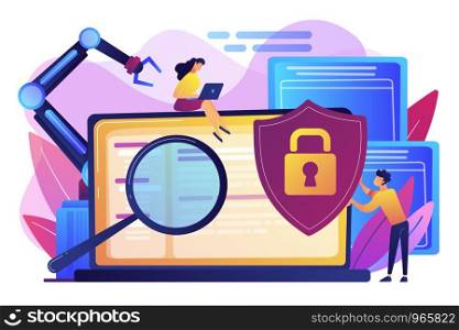 Developers, robot work at laptop with magnifier. Industrial cybersecurity, industrial robotics malware, safeguarding of industrial robotics concept. Bright vibrant violet vector isolated illustration. Industrial cybersecurity concept vector illustration.