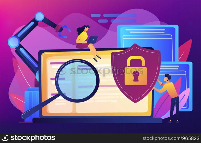 Developers, robot work at laptop with magnifier. Industrial cybersecurity, industrial robotics malware, safeguarding of industrial robotics concept. Bright vibrant violet vector isolated illustration. Industrial cybersecurity concept vector illustration.