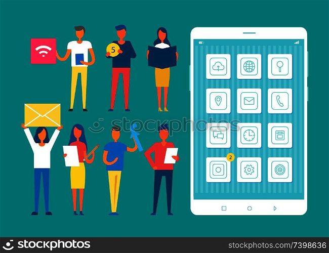 Developers set and big mobile phone, team of people developing smartphones functions, men women working on cell improvements, vector illustration. Developers Collection Phone Vector Illustration