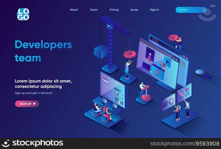 Developers team concept 3d isometric web landing page. People develop programs and applications, optimize interfaces, analyze market and launch products. Vector illustration for web template design