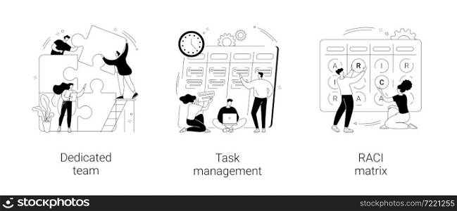 Developers team management abstract concept vector illustration set. Dedicated team, task management, RACI matrix, outsource, productivity online platform, responsibility chart abstract metaphor.. Developers team management abstract concept vector illustrations.
