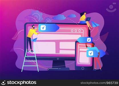 Developers use software on devices. Cross-platform software, multi-platform and platform-independent software concept on ultraviolet background. Bright vibrant violet vector isolated illustration. Cross-platform software concept vector illustration.