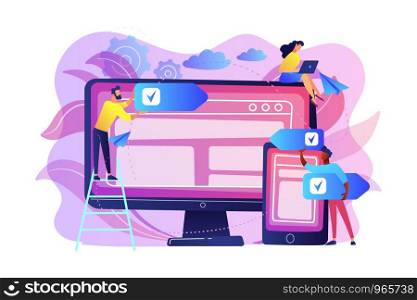 Developers use software on multiple devices. Cross-platform software, multi-platform and platform-independent software concept on white background. Bright vibrant violet vector isolated illustration. Cross-platform software concept vector illustration.