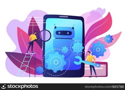 Developers with wrench work on chatbot application development. Chatbot app development, bot development framework, chatbot programming concept. Bright vibrant violet vector isolated illustration. Chatbot app development concept vector illustration.