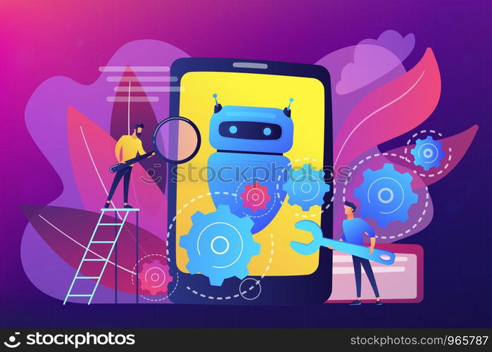 Developers with wrench work on chatbot application development. Chatbot app development, bot development framework, chatbot programming concept. Bright vibrant violet vector isolated illustration. Chatbot app development concept vector illustration.