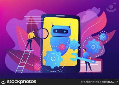 Developers with wrench work on chatbot application development. Chatbot app development, bot development framework, chatbot programming concept. Bright vibrant violet vector isolated illustration. Chatbot app development concept vector illustration.