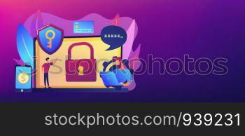 Developers work on cyber security program. Cyber security software, information security program and antivirus concept on white background. Header or footer banner template with copy space.. Cyber security software concept banner header.