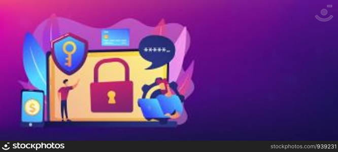 Developers work on cyber security program. Cyber security software, information security program and antivirus concept on white background. Header or footer banner template with copy space.. Cyber security software concept banner header.