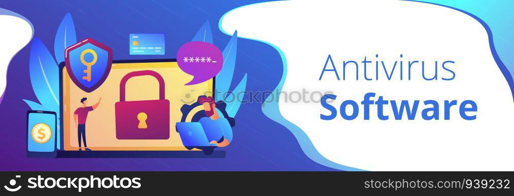 Developers work on cyber security program. Cyber security software, information security program and antivirus concept on white background. Header or footer banner template with copy space.. Cyber security software concept banner header.