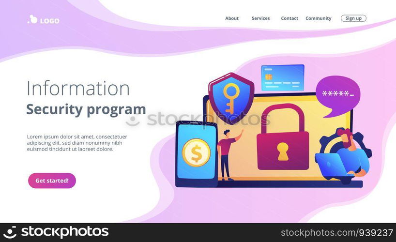 Developers work on cyber security program. Cyber security software, information security program and antivirus concept on white background. Website vibrant violet landing web page template.. Cyber security software concept landing page.