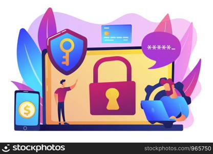 Developers work on cyber security program. Cyber security software, information security program and antivirus concept on white background. Bright vibrant violet vector isolated illustration. Cyber security software concept vector illustration.