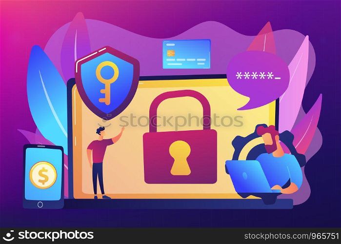 Developers work on cyber security program. Cyber security software, information security program and antivirus concept on ultraviolet background. Bright vibrant violet vector isolated illustration. Cyber security software concept vector illustration.