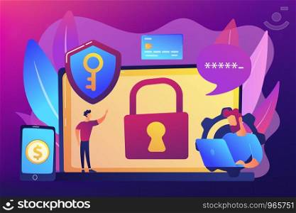Developers work on cyber security program. Cyber security software, information security program and antivirus concept on ultraviolet background. Bright vibrant violet vector isolated illustration. Cyber security software concept vector illustration.