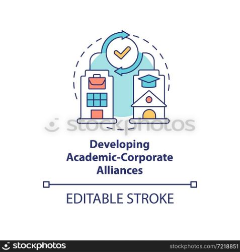 Developing academic corporate alliances concept icon. Mutual benefit. University and company partnership abstract idea thin line illustration. Vector isolated outline color drawing. Editable stroke. Developing academic corporate alliances concept icon