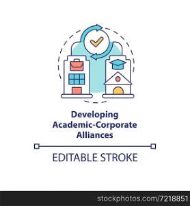 Developing academic corporate alliances concept icon. Mutual benefit. University and company partnership abstract idea thin line illustration. Vector isolated outline color drawing. Editable stroke. Developing academic corporate alliances concept icon