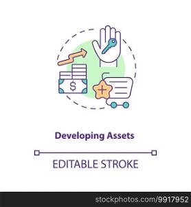 Developing assets concept icon. Asset management component idea thin line illustration. Improving economic status. Financial security. Vector isolated outline RGB color drawing. Editable stroke. Developing assets concept icon