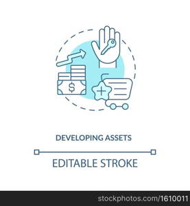 Developing assets concept icon. Asset management component idea thin line illustration. Increasing, decreasing in value. Financial security. Vector isolated outline RGB color drawing. Editable stroke. Developing assets concept icon