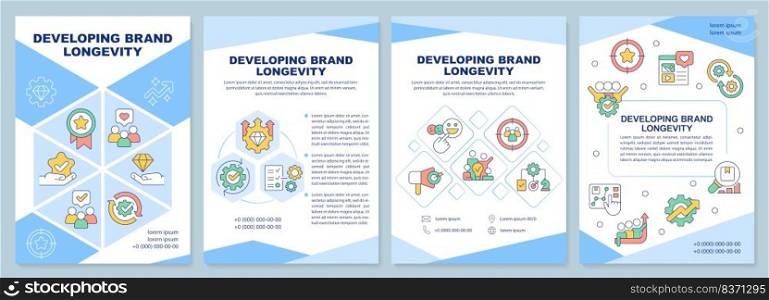 Developing brand longevity blue brochure template. Leaflet design with linear icons. Editable 4 vector layouts for presentation, annual reports. Arial-Black, Myriad Pro-Regular fonts used. Developing brand longevity blue brochure template