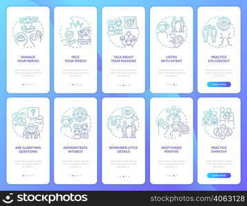 Developing charisma blue gradient onboarding mobile app screen set. Walkthrough 5 steps graphic instructions pages with linear concepts. UI, UX, GUI template. Myriad Pro-Bold, Regular fonts used. Developing charisma blue gradient onboarding mobile app screen set