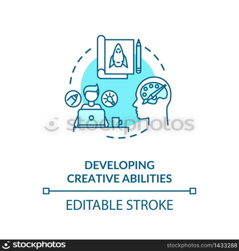 Developing creative abilities concept icon. Personal improvement, professional evolvement idea thin line illustration. Learning new skills. Vector isolated outline RGB color drawing. Editable stroke. Developing creative abilities concept icon
