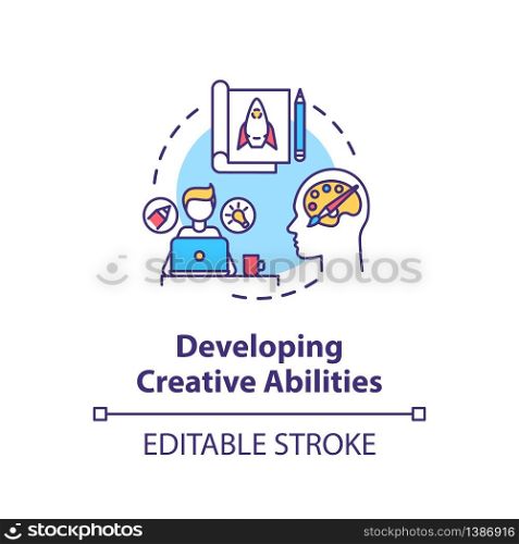 Developing creative abilities concept icon. Personal improvement, professional growth idea thin line illustration. Learning new skills. Vector isolated outline RGB color drawing. Editable stroke. Developing creative abilities concept icon