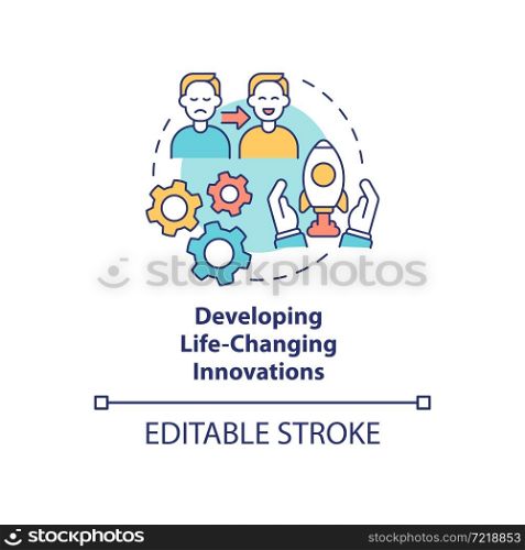 Developing life-changing innovations concept icon. Lifesaving technology. Invention with social value abstract idea thin line illustration. Vector isolated outline color drawing. Editable stroke. Developing life-changing innovations concept icon