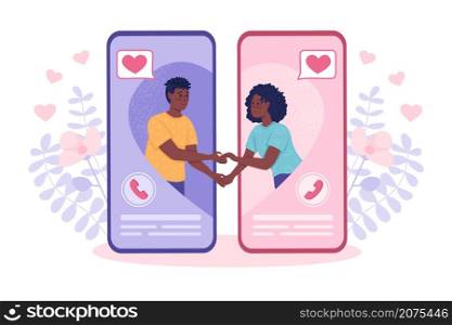 Developing long-distance relationship flat concept vector illustration. Girl and boy holding hands isolated 2D cartoon characters on white for web design. Meeting soulmate online creative idea. Developing long-distance relationship flat concept vector illustration