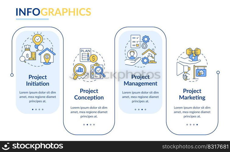 Developing real estate projects rectangle infographic template. Data visualization with 4 steps. Editable timeline info chart. Workflow layout with line icons. Lato-Bold, Regular fonts used. Developing real estate projects rectangle infographic template