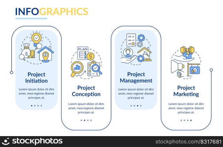 Developing real estate projects rectangle infographic template. Data visualization with 4 steps. Editable timeline info chart. Workflow layout with line icons. Lato-Bold, Regular fonts used. Developing real estate projects rectangle infographic template