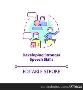 Developing stronger speech skills concept icon. Successful child development sign abstract idea thin line illustration. Isolated outline drawing. Editable stroke. Arial, Myriad Pro-Bold fonts used. Developing stronger speech skills concept icon