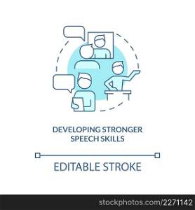 Developing stronger speech skills turquoise concept icon. Effective communicator abstract idea thin line illustration. Isolated outline drawing. Editable stroke. Arial, Myriad Pro-Bold fonts used. Developing stronger speech skills turquoise concept icon