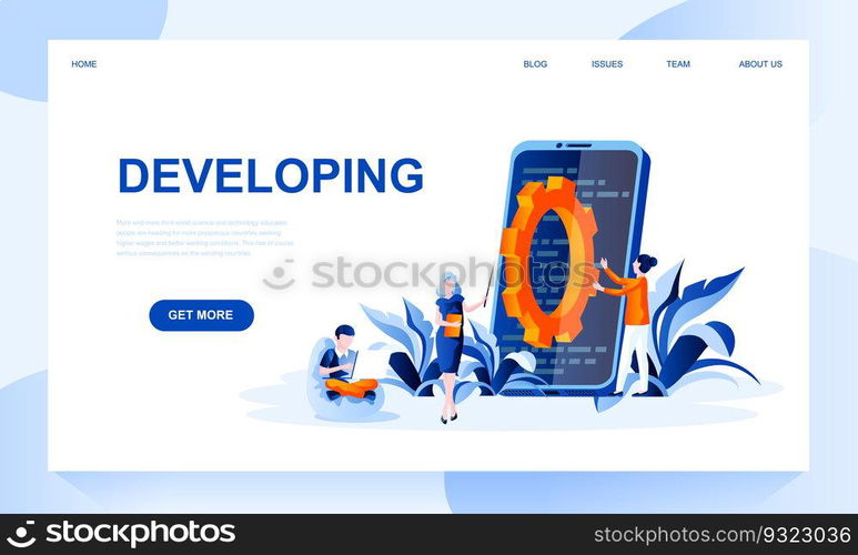 Developing vector landing page template with header. Mobile application coding web banner, homepage design with flat illustrations. App programming, optimization and testing website design layout. Developing vector landing page template with header. Mobile application coding web banner, homepage design with flat illustrations