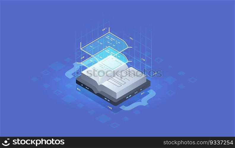 Development and software. Concept of programming, data processing. Source code icon. Isometric concept for Digital Reading, E-classroom Textbook.