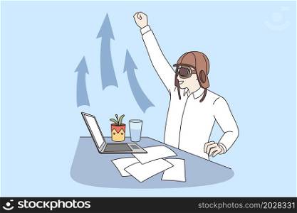 Development and success in business concept. Young positive businessman worker in pilot helmet sitting at laptop with hand raised and arrow up feeling successful vector illustration. Development and success in business concept.