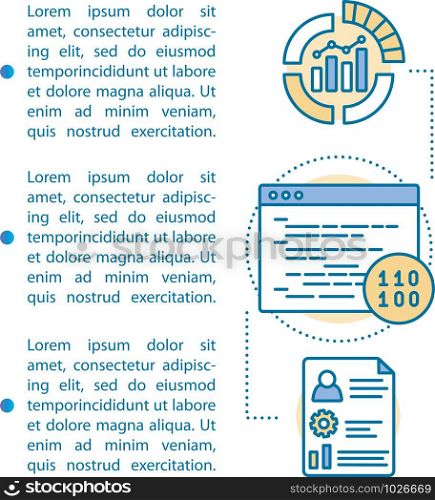 Development and testing article page vector template. Software programming. Brochure, magazine, booklet design element with linear icons, text boxes. Print design. Concept illustrations, text space