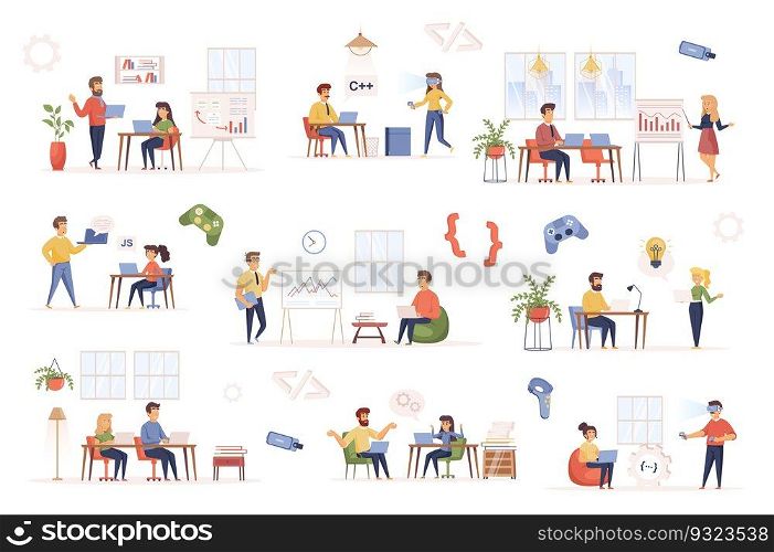 Development company bundle of flat scenes. Workflow process isolated set. Developers, furniture, presentation, discussion project, programming elements. Software production cartoon vector illustration