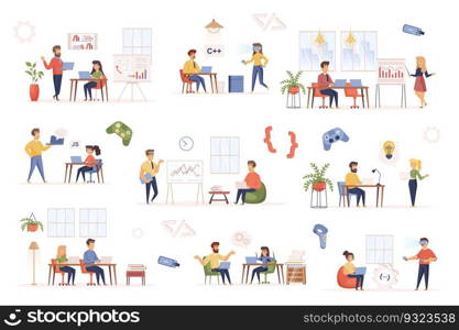 Development company bundle of flat scenes. Workflow process isolated set. Developers, furniture, presentation, discussion project, programming elements. Software production cartoon vector illustration