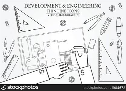Development & Engineering. Project, blueprints, ruler and divider compass, calipers on plans Engineering tools view from the top. Copy space. Construction background. Vector.