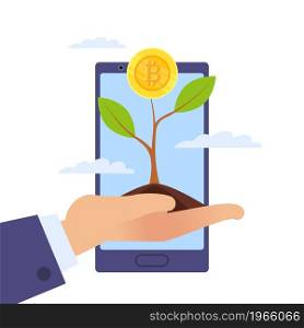 Development, growth of Bitcoin. Growing tree and hand with golden coin, smartphone background, successful investment in electronic money, cash profit, multiplication strategy, vector isolated concept. Development, growth of Bitcoin. Growing tree and hand with golden coin, smartphone background, successful investment in electronic money, multiplication strategy, vector isolated concept