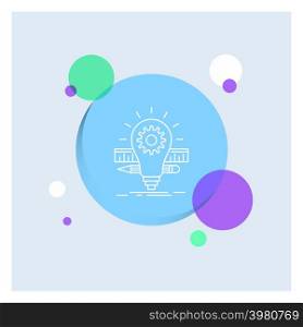 Development, idea, bulb, pencil, scale White Line Icon colorful Circle Background